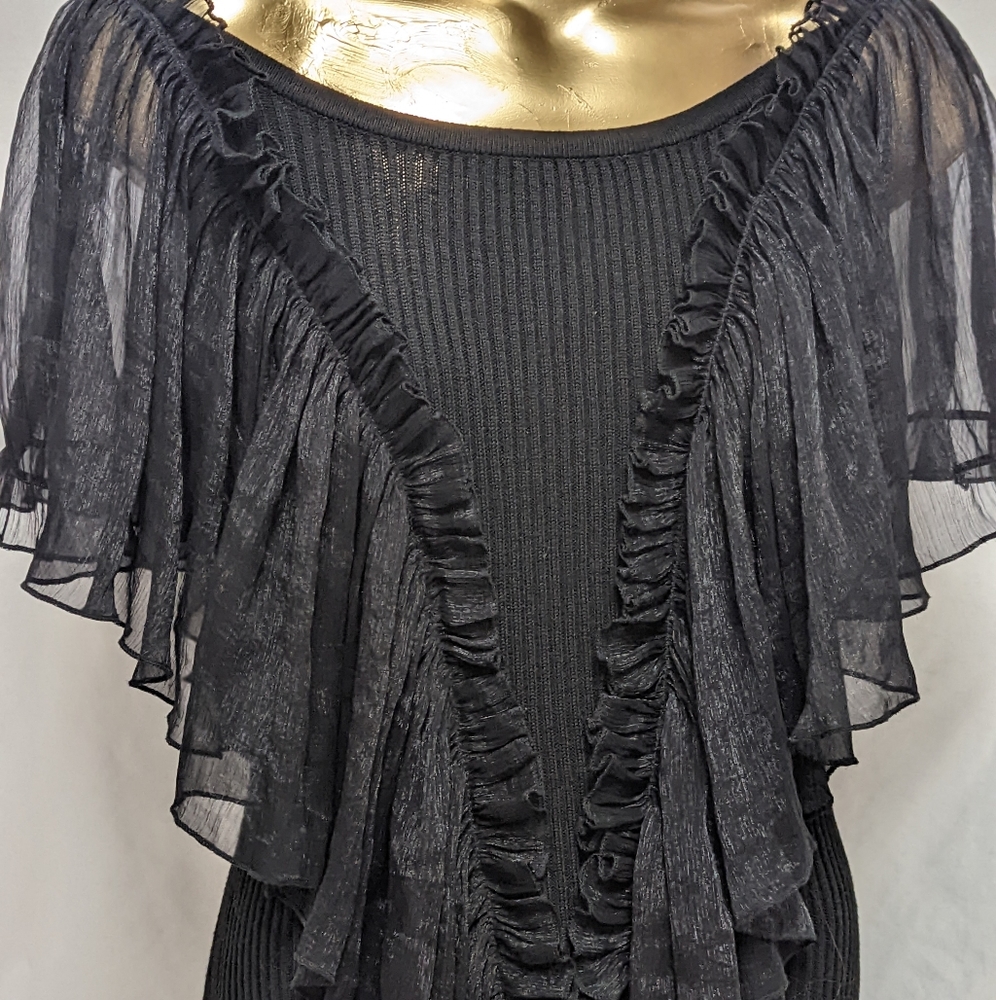 Isabella Rodrigue Black Blouse - Sheer Ruffled Angel Sleeves.  XL